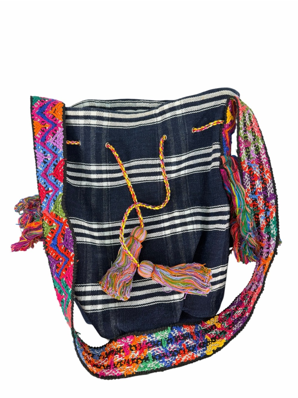 Nena & Co. Navy Striped Woven Bucket Bag with Multicolor Embroidered Strap